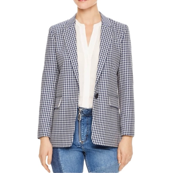 SANDRO Elia Mini Houndstooth Plaid Check Blazer Jacket Blue Gray Cotton Size 12 - Picture 1 of 12